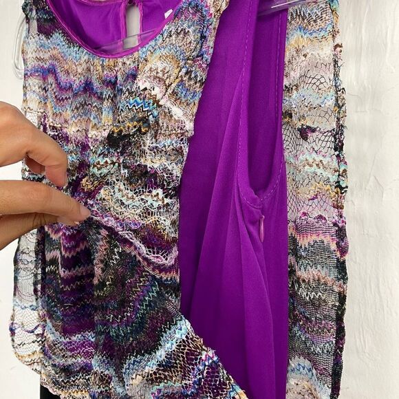 Cache Black Multi Color Patterned Mesh Layered Sleeveless Blouson Dress 0 - Picture 4 of 8